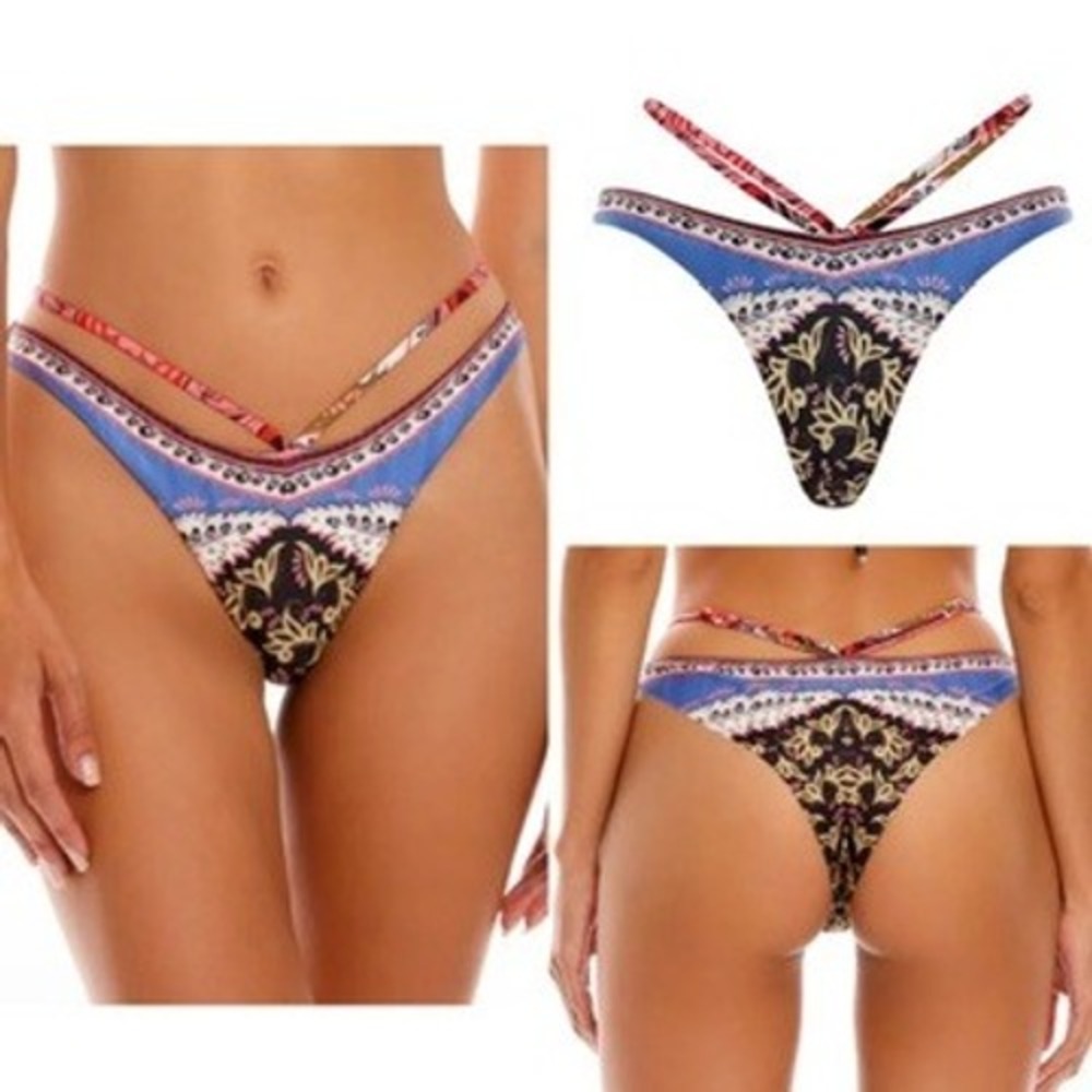 Agua Bendita Beryl Antiq Bikini Swim Bottom XL Cheeky Blue Black High Leg Beach‎